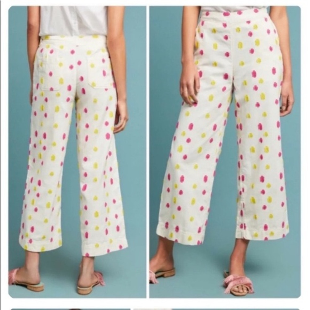 Anthropologie Pink and Yellow Polka Dot Wide Leg Pants Womens 12